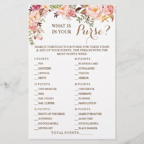 Pink Floral What is in your Purse Shower Game Card Flyer