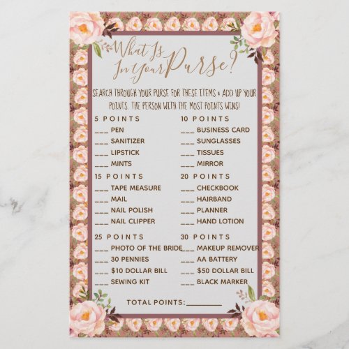 Pink Floral What is in your Purse Shower Game Card Flyer