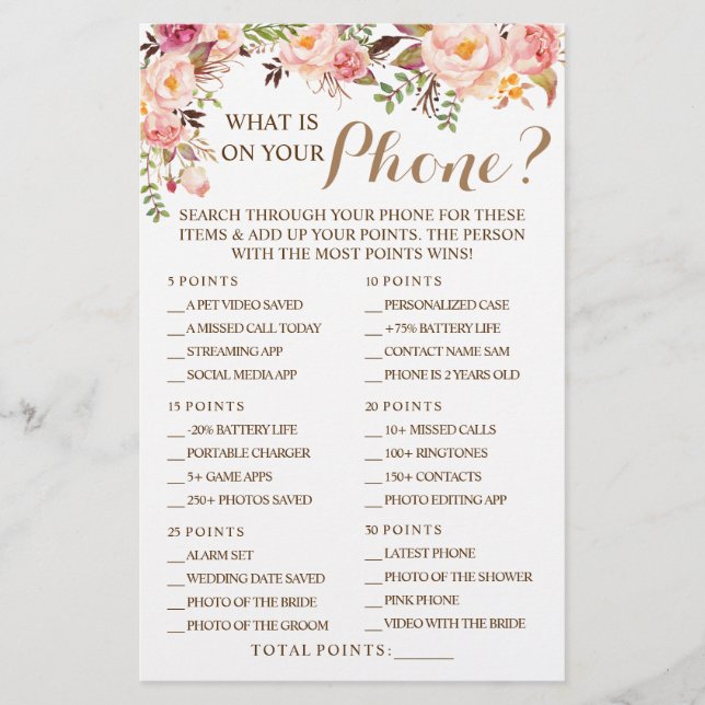 Pink Floral What is on your Phone Shower Game Card Flyer (Front)