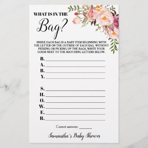 Pink Floral Whats in the Bag Baby Shower Game card Flyer