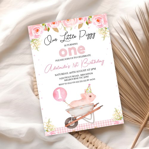 Pink Floral Wheelbarrow Little Piggy 1st Birthday Invitation