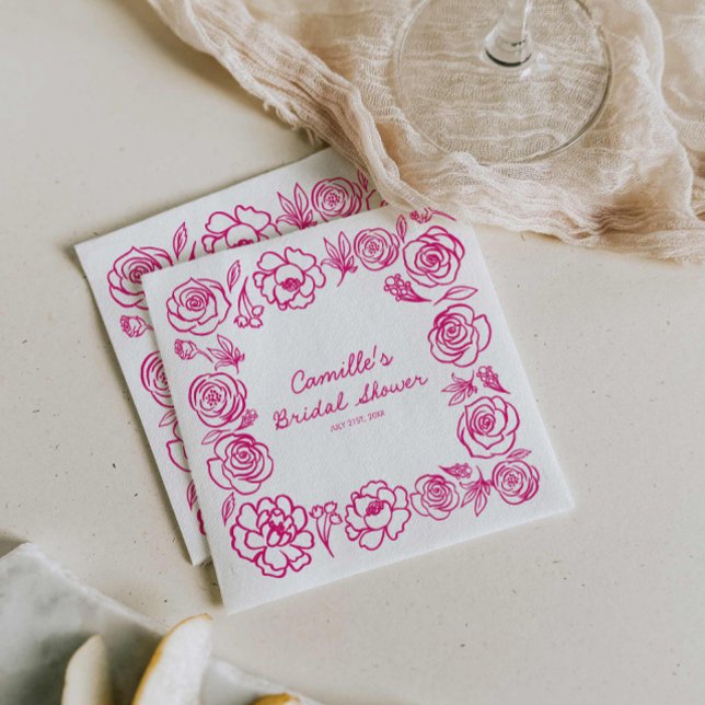 Pink Floral Whimsical Bridal Shower Paper Napkin (Hot Pink Flower Whimsical Paper Napkins)