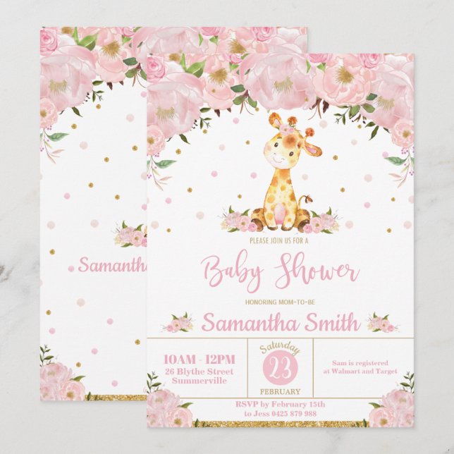 Pink Floral Whimsical Giraffe Girl Baby Shower Invitation (Front/Back)