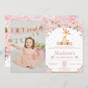 Pink Floral Whimsical Giraffe Girl Birthday Photo Invitation