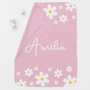 Pink Floral White Daisy Name Baby Blanket