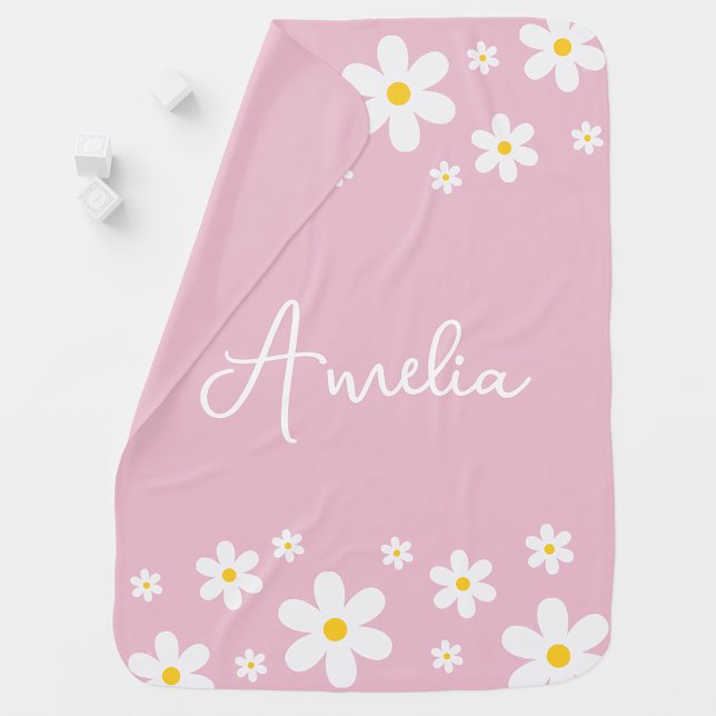 Pink Floral White Daisy Name Baby Blanket (Creator Uploaded)