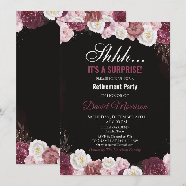 Pink Floral White Gold Surprise Retirement Party  Invitation (Front/Back)