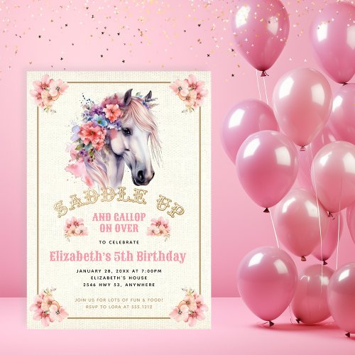 Pink Floral White Horse Birthday Party Invitation