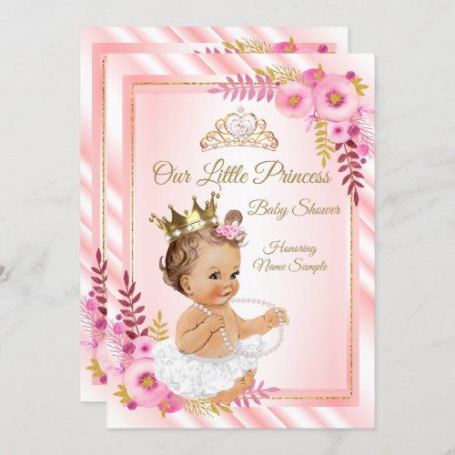 Pink Floral White Princess Baby Shower Brunette Invitation