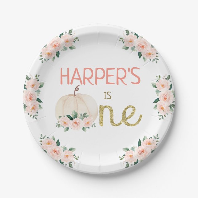 Pink Floral White Pumpkin First Birthday Party  Paper Plates (Front)