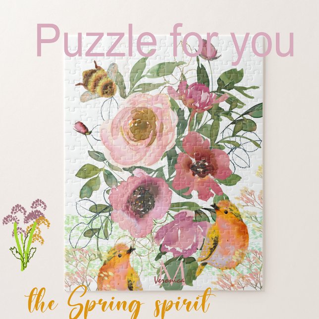 Pink floral white Puzzle with birds  (Beautiful Spring puzzle with yellow birds and pink flowers to bring the spirit of spring to you)