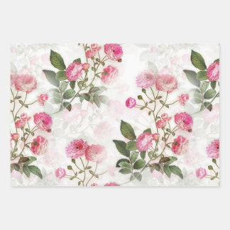Pink floral white roses Paper Flat Sheet Set of 3
