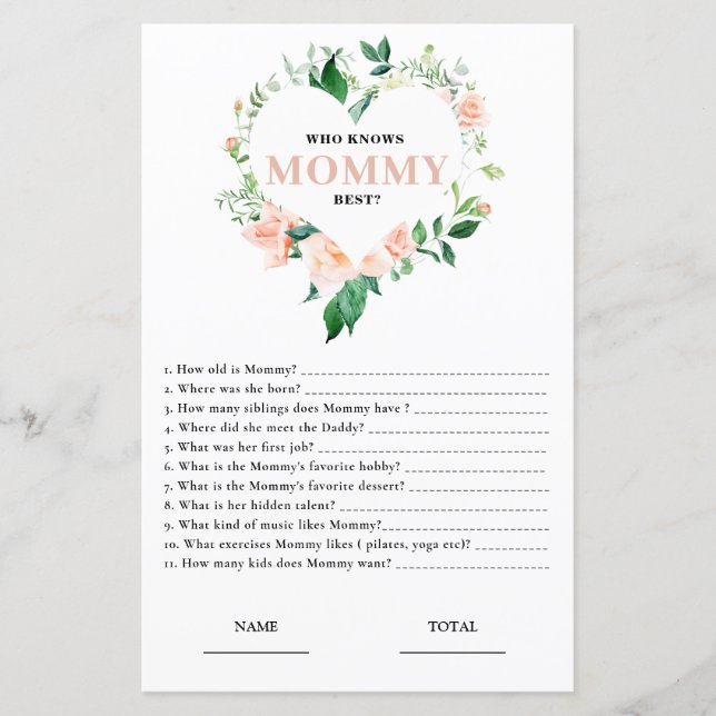 Pink Floral Who knows Mommy Best Baby Shower Game (Front)