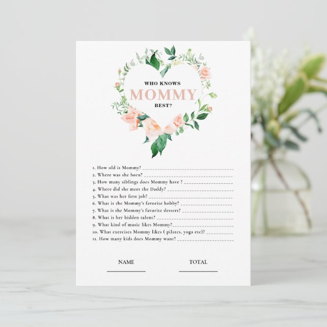 Pink Floral Who knows Mommy Best Baby Shower Game Invitation (Standing Front)