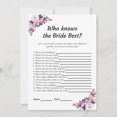 Pink Floral Who knows the Bride Best Game Cards 