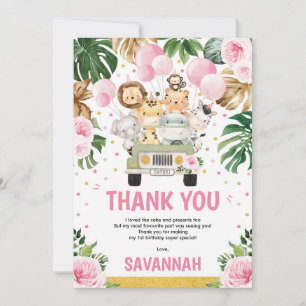 Pink Floral Wild Jungle Safari Animals Birthday Thank You Card
