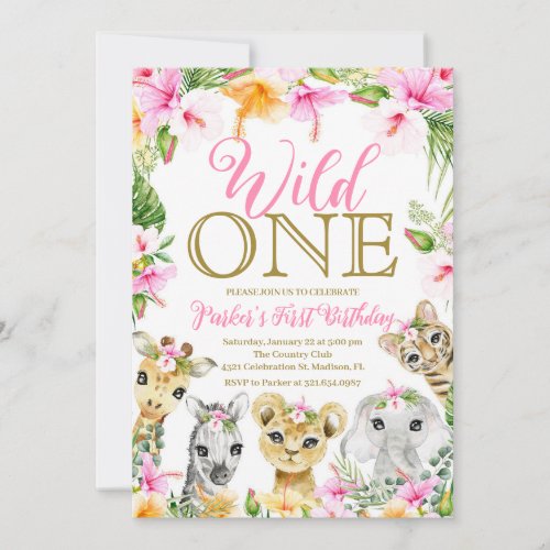 Pink Floral Wild One Jungle Safari Birthday Girl Invitation