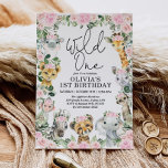 Pink Floral Wild One Jungle Safari Birthday Girl Invitation<br><div class="desc">Celebrate your little wild one turning one with this whimsical jungle safari themed birthday invitation. The design features a group of adorable safari animals and pretty pink watercolor flowers.</div>