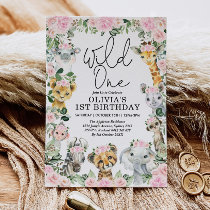 Pink Floral Wild One Jungle Safari Birthday Girl Invitation