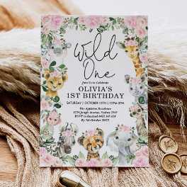 Pink Floral Wild One Jungle Safari Birthday Girl Invitation