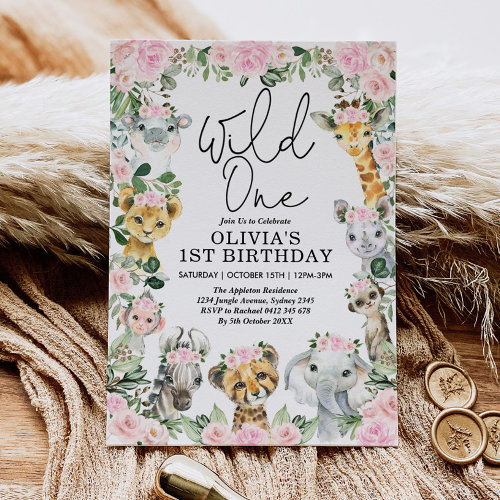 Pink Floral Wild One Jungle Safari Birthday Girl
