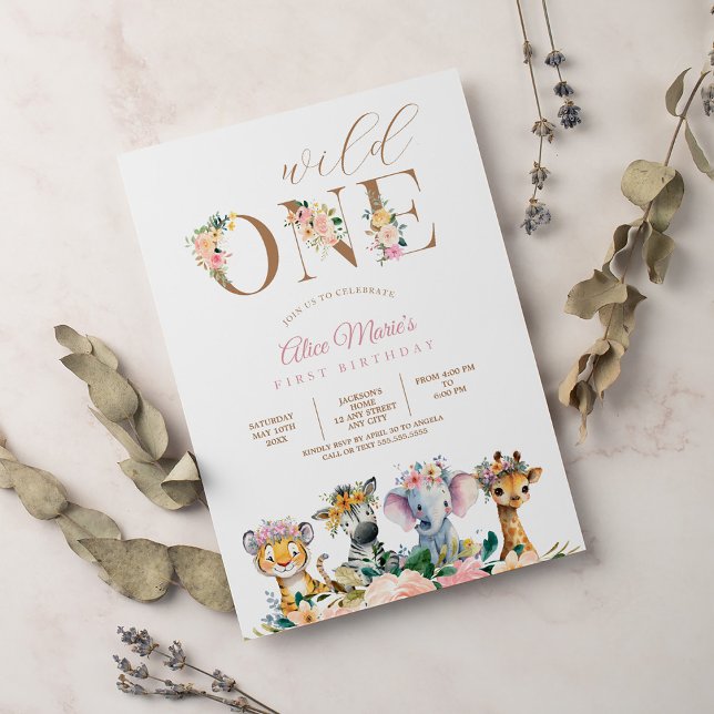 Pink Floral Wild One Jungle Safari Birthday Girl Invitation (Creator Uploaded)