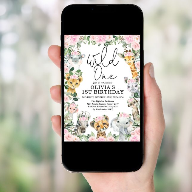 Pink Floral Wild One Jungle Safari Birthday Girl Invitation (Front Digital)