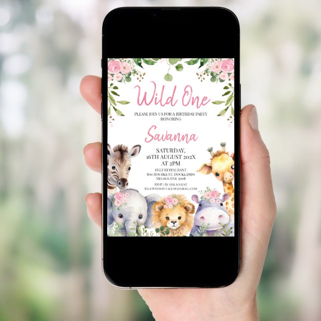 Pink Floral  Wild One Safari Animals 1st Birthday Invitation (Front Digital)