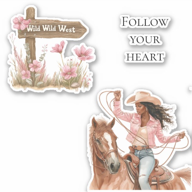 Pink Floral Wild West Girl on horse Sticker (Front)