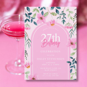 Pink Floral Wildflower Girly Elegant 27th Birthday Invitation