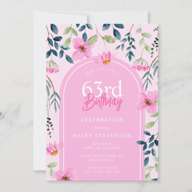 Pink Floral Wildflower Girly Elegant 63rd Birthday Invitation (Front)