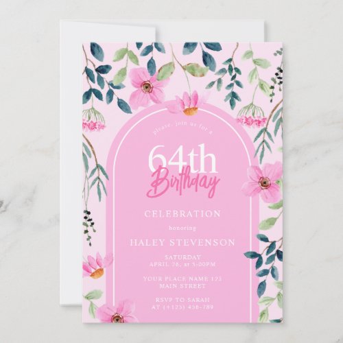 Pink Floral Wildflower Girly Elegant 64th Birthday Invitation