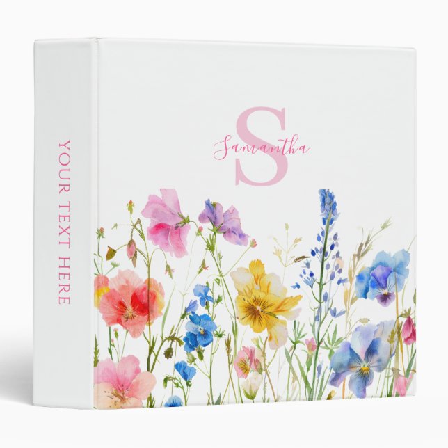 Pink Floral Wildflower Personalized  3 Ring Binder (Front/Spine)