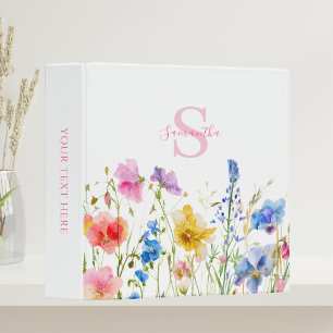 Pink Floral Wildflower Personalized 3 Ring Binder