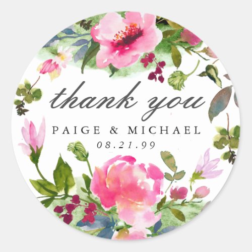 Pink Floral Wildflower Wedding Thank You Classic Round Sticker
