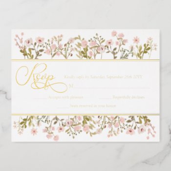 Pink Floral Wildflowers Botanical Rsvp Real Gold Foil Invitation Postcard by rusticwedding at Zazzle