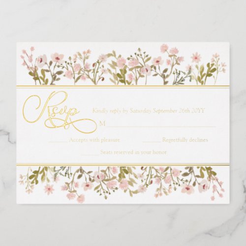 Pink Floral Wildflowers Botanical RSVP Real Gold Foil Invitation Postcard
