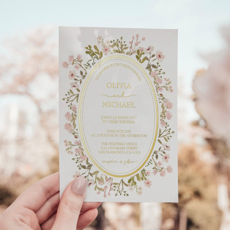 Pink Floral Wildflowers Botanical Wedding Gold Foil Invitation