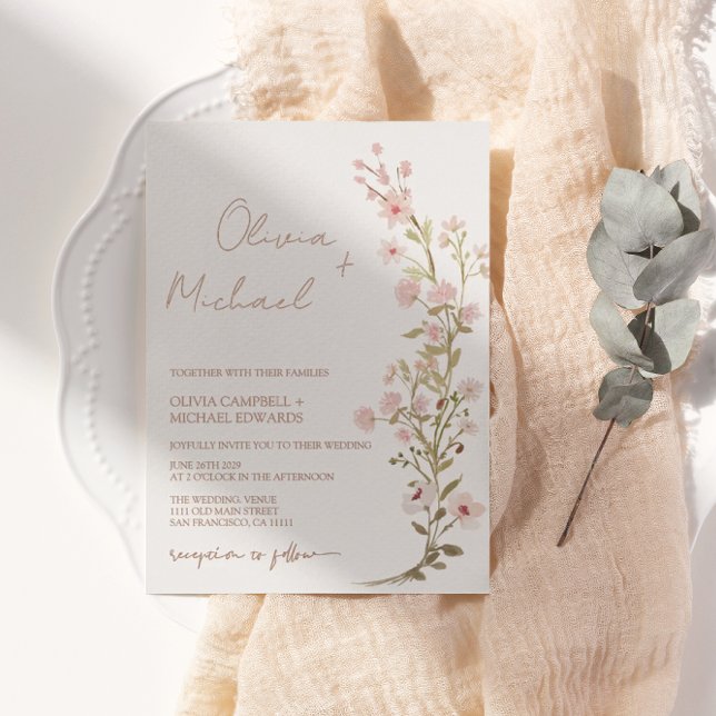 Pink Floral Wildflowers Garden Wedding Rose Gold Foil Invitation (Creator Uploaded)