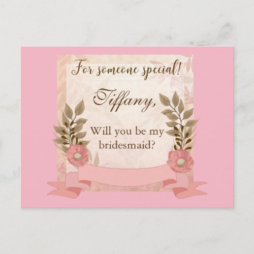 Pink Floral Will You be my bridesmaid Invitation Postcard