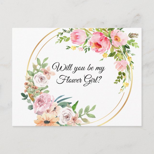 Pink Floral Will You Be My Flowergirl? Invitation Postcard (Front)