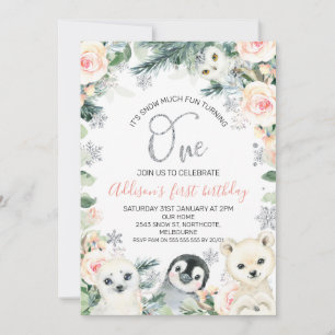 Pink Floral Winter Animals 1st Birthday Invitation