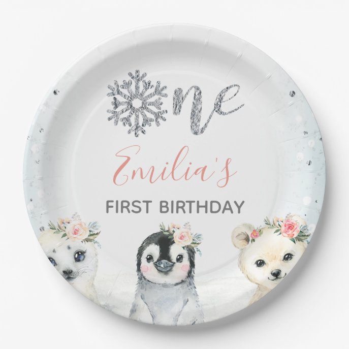 Pink Floral Winter Animals 1st Birthday Paper Plat Paper Plate