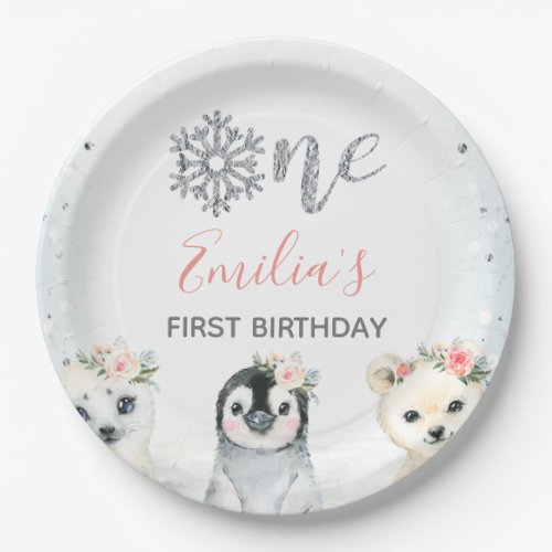 Pink Floral Winter Animals 1st Birthday Paper Plat Paper Plates