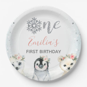 Pink Floral Winter Animals 1st Birthday Paper Plat Plates