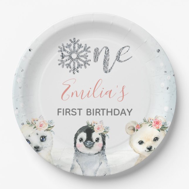 Pink Floral Winter Animals 1st Birthday Paper Plat Plates (Front)