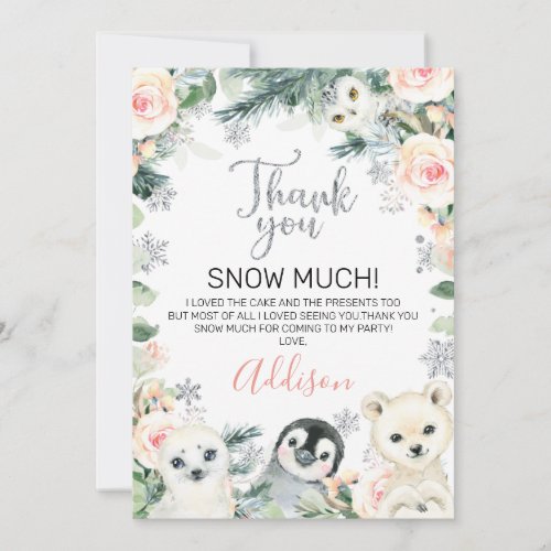 Pink Floral Winter Animals Birthday Thank You Card