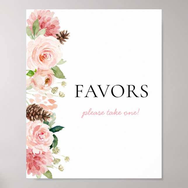 Pink Floral Winter Baby Shower Favors Sign (Front)