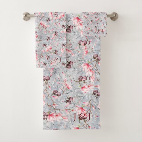 Pink Floral  Winter Berries monogram Bath Towel Set