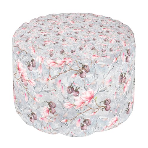 Pink Floral  Winter Berries round Pouf